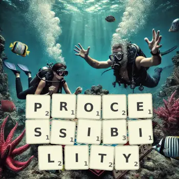 Creative illustration for a Scrabble game with the word PROCESSIBILITY spelled out in tiles on the board.