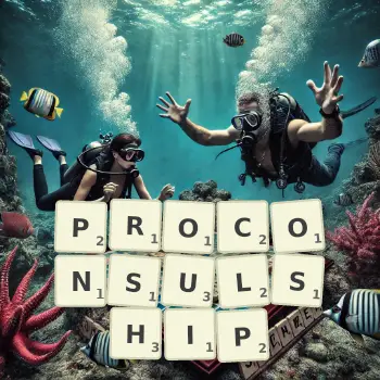 Creative illustration for a Scrabble game with the word PROCONSULSHIP spelled out in tiles on the board.