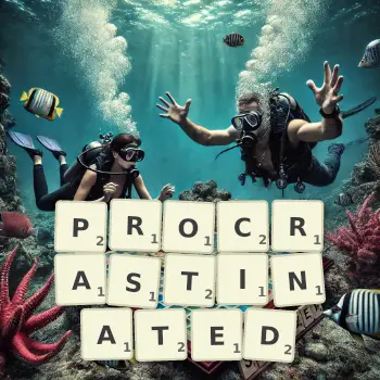 Creative illustration for a Scrabble game with the word PROCRASTINATED spelled out in tiles on the board.