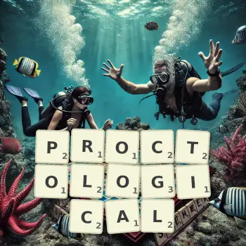 Creative illustration for a Scrabble game with the word PROCTOLOGICAL spelled out in tiles on the board.