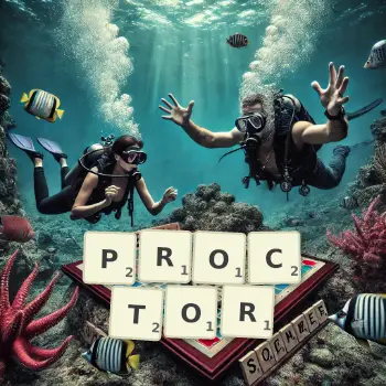 Creative illustration for a Scrabble game with the word PROCTOR spelled out in tiles on the board.