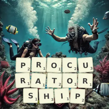 Creative illustration for a Scrabble game with the word PROCURATORSHIP spelled out in tiles on the board.