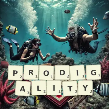 Creative illustration for a Scrabble game with the word PRODIGALITY spelled out in tiles on the board.