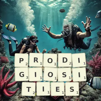 Creative illustration for a Scrabble game with the word PRODIGIOSITIES spelled out in tiles on the board.