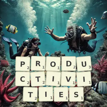 Creative illustration for a Scrabble game with the word PRODUCTIVITIES spelled out in tiles on the board.