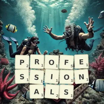 Creative illustration for a Scrabble game with the word PROFESSIONALS spelled out in tiles on the board.