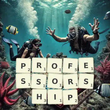 Creative illustration for a Scrabble game with the word PROFESSORSHIP spelled out in tiles on the board.
