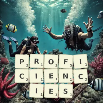 Creative illustration for a Scrabble game with the word PROFICIENCIES spelled out in tiles on the board.