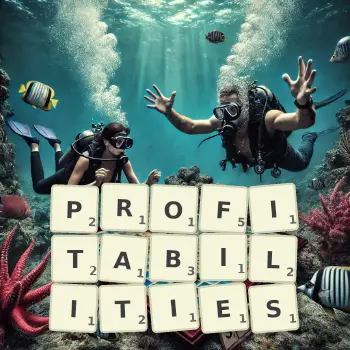 Creative illustration for a Scrabble game with the word PROFITABILITIES spelled out in tiles on the board.