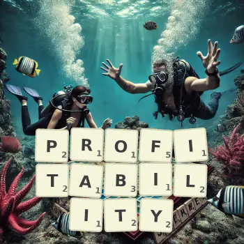 Creative illustration for a Scrabble game with the word PROFITABILITY spelled out in tiles on the board.