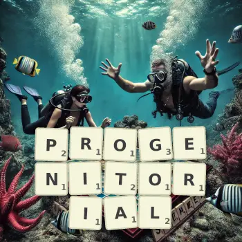 Creative illustration for a Scrabble game with the word PROGENITORIAL spelled out in tiles on the board.