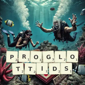 Creative illustration for a Scrabble game with the word PROGLOTTIDS spelled out in tiles on the board.