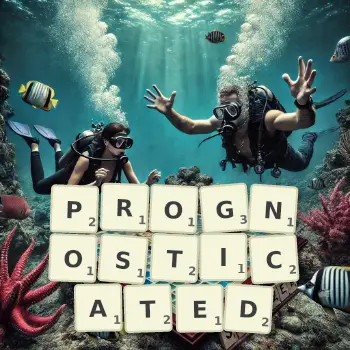 Creative illustration for a Scrabble game with the word PROGNOSTICATED spelled out in tiles on the board.