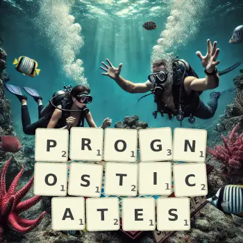 Creative illustration for a Scrabble game with the word PROGNOSTICATES spelled out in tiles on the board.