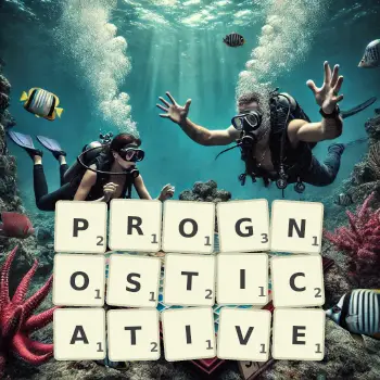Creative illustration for a Scrabble game with the word PROGNOSTICATIVE spelled out in tiles on the board.