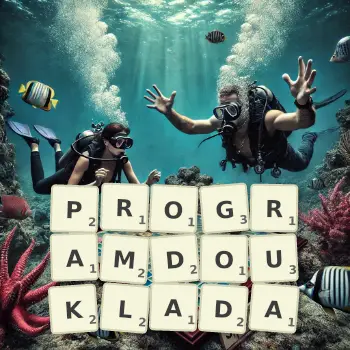 Creative illustration for a Scrabble game with the word PROGRAMDOUKLADA spelled out in tiles on the board.