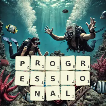 Creative illustration for a Scrabble game with the word PROGRESSIONAL spelled out in tiles on the board.