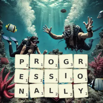 Creative illustration for a Scrabble game with the word PROGRESSIONALLY spelled out in tiles on the board.