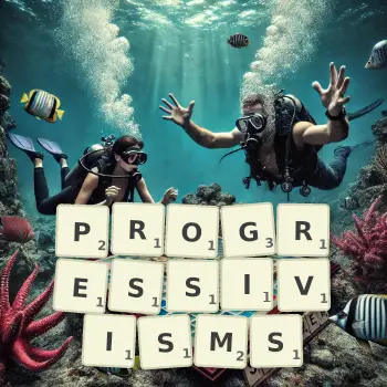 Creative illustration for a Scrabble game with the word PROGRESSIVISMS spelled out in tiles on the board.