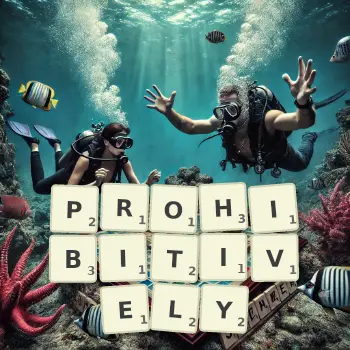 Creative illustration for a Scrabble game with the word PROHIBITIVELY spelled out in tiles on the board.
