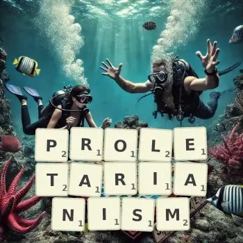 Creative illustration for a Scrabble game with the word PROLETARIANISM spelled out in tiles on the board.