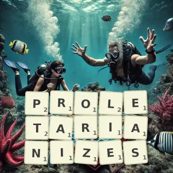 Creative illustration for a Scrabble game with the word PROLETARIANIZES spelled out in tiles on the board.