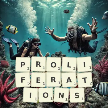 Creative illustration for a Scrabble game with the word PROLIFERATIONS spelled out in tiles on the board.