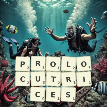 Creative illustration for a Scrabble game with the word PROLOCUTRICES spelled out in tiles on the board.