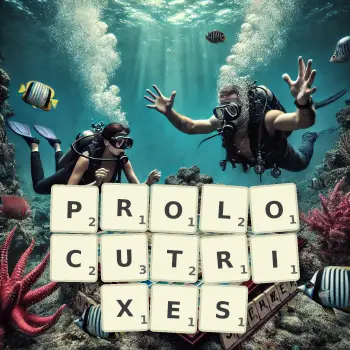 Creative illustration for a Scrabble game with the word PROLOCUTRIXES spelled out in tiles on the board.