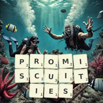 Creative illustration for a Scrabble game with the word PROMISCUITIES spelled out in tiles on the board.