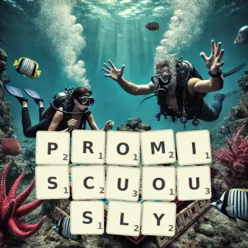 Creative illustration for a Scrabble game with the word PROMISCUOUSLY spelled out in tiles on the board.