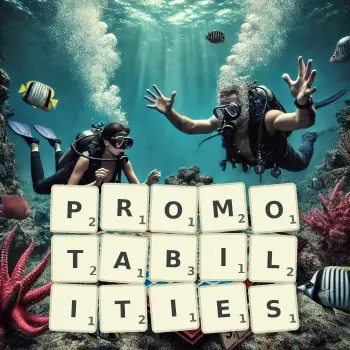 Creative illustration for a Scrabble game with the word PROMOTABILITIES spelled out in tiles on the board.