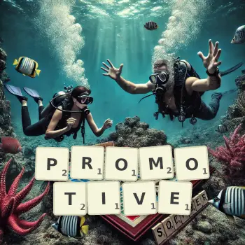 Creative illustration for a Scrabble game with the word PROMOTIVE spelled out in tiles on the board.