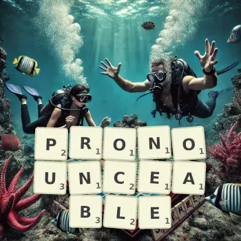 Creative illustration for a Scrabble game with the word PRONOUNCEABLE spelled out in tiles on the board.