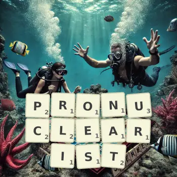 Creative illustration for a Scrabble game with the word PRONUCLEARIST spelled out in tiles on the board.