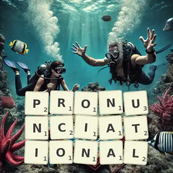 Creative illustration for a Scrabble game with the word PRONUNCIATIONAL spelled out in tiles on the board.