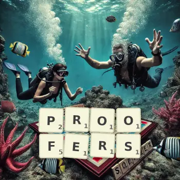 Creative illustration for a Scrabble game with the word PROOFERS spelled out in tiles on the board.