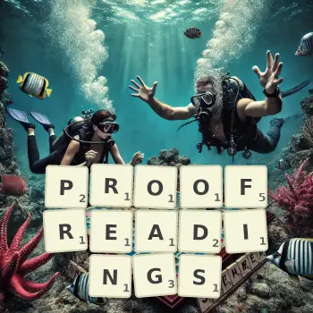 Creative illustration for a Scrabble game with the word PROOFREADINGS spelled out in tiles on the board.