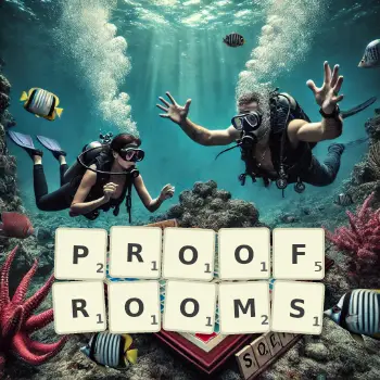 Creative illustration for a Scrabble game with the word PROOFROOMS spelled out in tiles on the board.