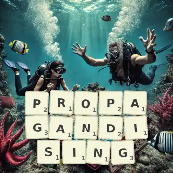 Creative illustration for a Scrabble game with the word PROPAGANDISING spelled out in tiles on the board.