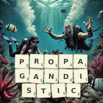 Creative illustration for a Scrabble game with the word PROPAGANDISTIC spelled out in tiles on the board.
