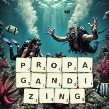 Creative illustration for a Scrabble game with the word PROPAGANDIZING spelled out in tiles on the board.