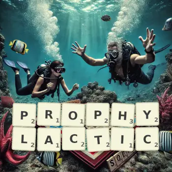 Creative illustration for a Scrabble game with the word PROPHYLACTIC spelled out in tiles on the board.