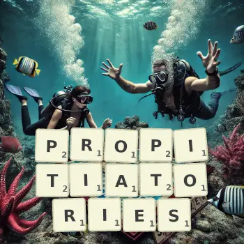 Creative illustration for a Scrabble game with the word PROPITIATORIES spelled out in tiles on the board.