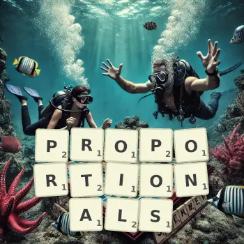 Creative illustration for a Scrabble game with the word PROPORTIONALS spelled out in tiles on the board.