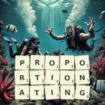 Creative illustration for a Scrabble game with the word PROPORTIONATING spelled out in tiles on the board.