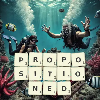 Creative illustration for a Scrabble game with the word PROPOSITIONED spelled out in tiles on the board.