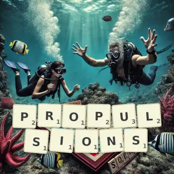 Creative illustration for a Scrabble game with the word PROPULSIONS spelled out in tiles on the board.