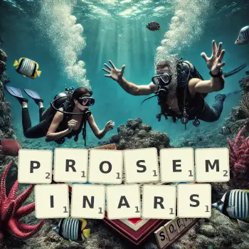 Creative illustration for a Scrabble game with the word PROSEMINARS spelled out in tiles on the board.