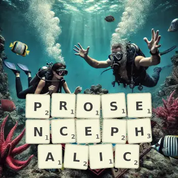 Creative illustration for a Scrabble game with the word PROSENCEPHALIC spelled out in tiles on the board.